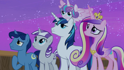 Size: 1920x1080 | Tagged: safe, imported from derpibooru, screencap, night light, princess cadance, princess flurry heart, shining armor, twilight velvet, alicorn, pony, unicorn, once upon a zeppelin, season 7, baby, baby pony, crown, father and child, father and daughter, female, filly, flurry heart riding shining armor, foal, g4, horn, jewelry, male, mare, nightvelvet, pony hat, regalia, riding, shiningcadance, shipping, spanish description, sparkle family, stallion, straight, wings