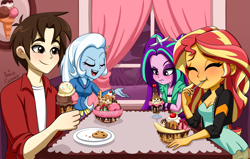 Size: 3999x2550 | Tagged: safe, artist:ameliacostanza, imported from derpibooru, aria blaze, sunset shimmer, trixie, human, equestria girls, blushing, cherry, commission, cookie, crossover, dick parker, eating, eyes closed, female, food, frown, high res, ice cream, male, open mouth, open smile, peter parker, smiling, spiders and magic: rise of spider-mane, spoon, sprinkles, window