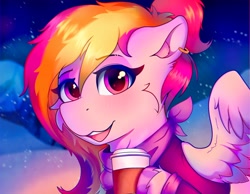 Size: 4000x3100 | Tagged: safe, artist:legionsunite, imported from derpibooru, oc, oc only, oc:velvet volt, pegasus, pony, bandana, bust, clothes, coffee cup, cup, long sleeved shirt, portrait, scarf, snow, solo, winter