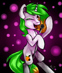 Size: 600x700 | Tagged: safe, artist:avonir, imported from derpibooru, oc, oc only, pony, unicorn, abstract background, bipedal, ear fluff, eyelashes, horn, microphone, one eye closed, singing, smiling, solo, unicorn oc, wink