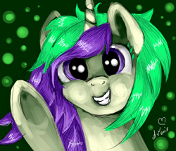 Size: 700x600 | Tagged: safe, artist:avonir, imported from derpibooru, oc, oc only, pony, unicorn, abstract background, bust, eyelashes, grin, horn, smiling, solo, underhoof, unicorn oc