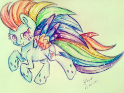 Size: 604x453 | Tagged: safe, artist:avonir, imported from derpibooru, rainbow dash, pegasus, pony, twilight's kingdom, backwards cutie mark, eyelashes, female, mare, rainbow power, signature, smiling, solo, traditional art