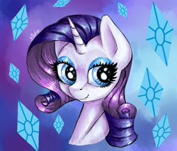 Size: 700x600 | Tagged: safe, artist:avonir, imported from derpibooru, rarity, pony, unicorn, abstract background, bust, eyelashes, female, makeup, mare, smiling, solo