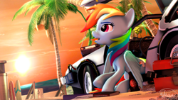 Size: 3840x2160 | Tagged: safe, artist:whiteskyline, imported from derpibooru, rainbow dash, pegasus, pony, 3d, back to the future, beach, delorean, dmc, female, high res, mare, nuka cola, ocean, open mouth, palm tree, pencil, scrunchy face, signature, solo, source filmmaker, sunrise, thinking, tree