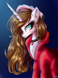 Size: 1124x1502 | Tagged: safe, artist:gihhbloonde, imported from derpibooru, oc, oc only, oc:gihh bloonde, pony, unicorn, chest fluff, choker, clothes, eyelashes, female, hat, mare, smiling