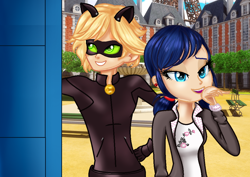 Size: 1064x754 | Tagged: safe, artist:gihhbloonde, imported from derpibooru, equestria girls, adrien agreste, bust, chat noir, clothes, costume, crossover, duo, equestria girls-ified, female, male, marinette dupain-cheng, mask, miraculous ladybug, outdoors, smiling