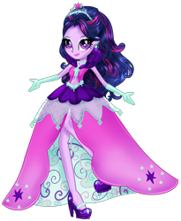 Size: 974x1190 | Tagged: safe, artist:gihhbloonde, imported from derpibooru, twilight sparkle, equestria girls, alternate hairstyle, base used, clothes, dress, eyelashes, female, gloves, high heels, jewelry, long gloves, makeup, shoes, simple background, smiling, solo, tiara, transparent background