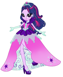 Size: 994x1230 | Tagged: safe, alternate version, artist:gihhbloonde, imported from derpibooru, twilight sparkle, equestria girls, alternate hairstyle, base used, clothes, dress, eyelashes, female, gloves, high heels, jewelry, long gloves, makeup, shoes, smiling, solo, tiara