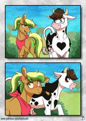 Size: 1181x1667 | Tagged: safe, artist:inuhoshi-to-darkpen, imported from derpibooru, oc, oc only, oc:dottie, oc:willow wisp, cow, earth pony, pony, blushing, cottagecore, cow oc, crotchboobs, duo, earth pony oc, implied interspecies, implied lesbian, implied shipping, nudity, parent:apple fritter, parent:daisy jo, parent:meadow song, parents:meadowfritter, straw in mouth, teats, udder