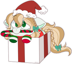 Size: 827x739 | Tagged: safe, artist:jetjetj, imported from derpibooru, oc, pony, box, candy, candy cane, christmas, clothes, female, food, hat, holiday, mare, mouth hold, pony in a box, present, santa hat, simple background, socks, solo, starry eyes, striped socks, transparent background, wingding eyes