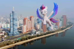 Size: 2500x1663 | Tagged: safe, edit, imported from derpibooru, zipp storm, pegasus, pony, female, g5, irl, mare, my little pony: a new generation, north korea, photo, ponies in real life, pyongyang