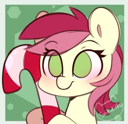 Size: 740x723 | Tagged: safe, artist:sakukitty, imported from derpibooru, roseluck, earth pony, pony, blushing, bust, candy, candy cane, eye clipping through hair, eyebrows, eyebrows visible through hair, female, food, no pupils, solo