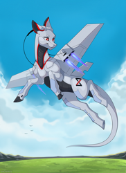 Size: 3273x4500 | Tagged: safe, artist:shchavel, imported from derpibooru, oc, oc only, oc:xr-47 primax, original species, plane pony, pony, robot, robot pony, absurd file size, cloud, colored belly, colored pupils, commission, dark belly, day, female, fire, flying, glowing, glowing eyes, long tail, looking back, mare, outdoors, plane, red eyes, sky, slim, smiling, smirk, solo, tail, thin, xenestra corporation