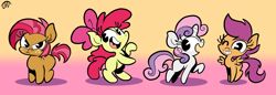 Size: 2048x702 | Tagged: safe, artist:jwcartoonist, imported from derpibooru, apple bloom, babs seed, scootaloo, sweetie belle, earth pony, pegasus, pony, unicorn, adorababs, adorabloom, adoragrumpy, angry, apple bloom's bow, babs seed is not amused, blank flank, bow, chibi, cute, cutealoo, cutie mark crusaders, diasweetes, female, filly, freckles, hair bow, happy, madorable, one eye closed, spread wings, wings