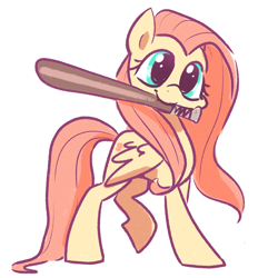 Size: 2048x2048 | Tagged: safe, artist:pfeffaroo, imported from derpibooru, fluttershy, pegasus, pony, baseball bat, cute, high res, mouth hold, pun, shyabetes, simple background, solo, visual pun, white background