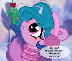 Size: 2195x1864 | Tagged: safe, artist:emberslament, imported from derpibooru, izzy moonbow, pony, unicorn, :p, clothes, cute, dialogue, earmuffs, female, g5, heart eyes, izzybetes, looking at something, looking up, mare, mistletoe, my little pony: a new generation, scarf, solo, sparkly mane, speech bubble, text, this will end in kisses, tongue out, unshorn fetlocks, wingding eyes