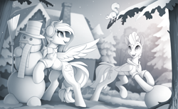 Size: 2400x1474 | Tagged: safe, artist:yakovlev-vad, imported from derpibooru, oc, oc only, oc:bay breeze, oc:swift apex, pegasus, pony, squirrel, bipedal, clothes, duo, earmuffs, folded wings, forest, hoodie, house, lacrimal caruncle, monochrome, open mouth, open smile, patreon, patreon reward, scarf, slim, smiling, snow, snowman, spread wings, thin, tree, wings