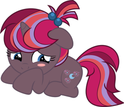 Size: 6995x6039 | Tagged: safe, artist:shootingstarsentry, imported from derpibooru, oc, oc only, oc:nightingale (shootingstarsentry), pony, unicorn, absurd resolution, blue eyes, blushing, ears back, female, filly, full body, horn, looking down, lying down, multicolored mane, multicolored tail, offspring, parent:moondancer, parent:shadow lock, parents:shadowdancer, prone, simple background, solo, tail, transparent background, unicorn oc, vector