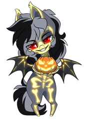 Size: 1005x1438 | Tagged: safe, artist:arctic-fox, imported from derpibooru, oc, oc:stormdancer, bat pony, undead, vampire, vampony, bipedal, bodypaint, chibi, cute, glowing, glowing eyes, halloween, holiday, looking at you, pumpkin, red eyes, simple background, smiling, solo, sticker, transparent background