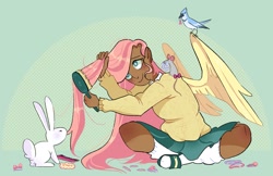 Size: 2311x1500 | Tagged: safe, artist:stevetwisp, imported from derpibooru, angel bunny, fluttershy, bird, blue jay, human, mouse, rabbit, animal, brush, brushing, comb, dark skin, hairbrush, humanized, scrunchie, smiling, spread wings, winged humanization, wings