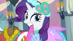 Size: 1280x720 | Tagged: safe, editor:rarity vrymer collective, imported from derpibooru, screencap, rarity, pony, unicorn, a canterlot wedding, season 2, blue eyes, clothes, eyelashes, female, horn, mare, mouth hold, purple mane, solo