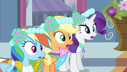 Size: 1280x720 | Tagged: safe, editor:rarity vrymer collective, imported from derpibooru, screencap, applejack, rainbow dash, rarity, earth pony, pegasus, pony, unicorn, a canterlot wedding, season 2, blue eyes, clothes, eyelashes, female, folded wings, freckles, green eyes, horn, looking at something, mare, multicolored hair, multicolored mane, multicolored tail, open mouth, purple mane, rainbow hair, shadow, standing, tail, trio, trio female, wings