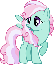 Size: 5508x6543 | Tagged: safe, artist:shootingstarsentry, imported from derpibooru, oc, oc only, oc:lilypad, pegasus, pony, absurd resolution, female, frown, full body, looking back, mare, multicolored mane, multicolored tail, offspring, open mouth, parent:doctor caballeron, parent:fluttershy, parents:caballershy, pegasus oc, purple eyes, raised hoof, show accurate, simple background, solo, spread wings, standing, tail, transparent background, wings