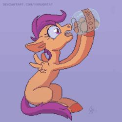 Size: 600x600 | Tagged: safe, artist:yarugreat, imported from derpibooru, scootaloo, pegasus, pony, animated, cartoon physics, cookie, cookie jar, digestion without weight gain, food, gif, hammerspace, hammerspace belly, heart, heart eyes, pixel art, purple background, simple background, sitting, solo, spread wings, swallowing, this will end in colic, wingding eyes, wings, ych example, your character here