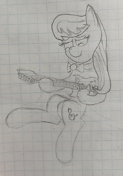 Size: 1840x2632 | Tagged: safe, artist:kanw, imported from derpibooru, octavia melody, earth pony, pony, bowtie, cute, electric guitar, graph paper, guitar, monochrome, musical instrument, newbie artist training grounds, photo, playing guitar, playing instrument, sitting, solo, tavibetes, traditional art