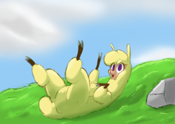 Size: 3048x2160 | Tagged: safe, artist:hitsuji, imported from derpibooru, alpaca, them's fightin' herds, cloven hooves, community related, fluffy, grass, high res, lying down, on back, paprika (tfh), rock, solo