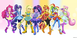 Size: 2200x1100 | Tagged: safe, artist:riouku, imported from derpibooru, applejack, fluttershy, pinkie pie, rainbow dash, rarity, sci-twi, sunset shimmer, twilight sparkle, equestria girls, equestria girls series, super squad goals, boots, braided ponytail, commission, crystal guardian, crystal wings, cute, goggles, high heel boots, humane five, humane seven, humane six, ponied up, ponytail, shoes, wings