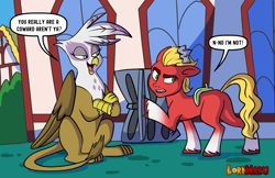 Size: 6367x4125 | Tagged: safe, artist:lordmarukio, imported from derpibooru, gilda, sprout cloverleaf, earth pony, griffon, pony, butt, dialogue, g5, male, my little pony: a new generation, plot, speech bubble, stallion, trash, trash can