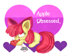 Size: 2259x1758 | Tagged: safe, artist:polkadottedmustache, imported from derpibooru, apple bloom, earth pony, pony, apple, female, filly, food, heart, obsessed, simple background, solo, transparent background