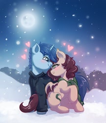 Size: 1296x1500 | Tagged: safe, artist:avui, imported from derpibooru, oc, oc:slumber tea, oc:tesseract, bat pony, pony, unicorn, clothes, commission, couple, cute, hoodie, love, moon, night, scarf, slumberact, snow, snowfall, your character here