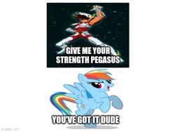 Size: 577x433 | Tagged: safe, imported from derpibooru, rainbow dash, pegasus, caption, image macro, meme, saint seiya, text, wrong aspect ratio