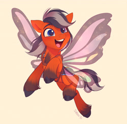 Size: 2592x2523 | Tagged: safe, artist:imalou, imported from derpibooru, oc, oc only, pony, blue eyes, butterfly wings, commission, high res, open mouth, orange mane, simple background, smiling, solo, unshorn fetlocks, wings