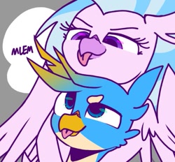 Size: 513x476 | Tagged: safe, artist:berrysoda10, imported from derpibooru, gallus, silverstream, griffon, hippogriff, beak, hug, lowres, mlem, playful, silly, text, tongue out