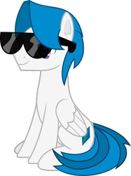 Size: 983x1313 | Tagged: safe, artist:frownfactory, imported from derpibooru, oc, oc only, oc:stratagem, pegasus, pony, derpibooru community collaboration, .svg available, 2022 community collab, blue mane, ear fluff, folded wings, full body, male, pegasus oc, purple eyes, show accurate, simple background, sitting, smiling, solo, stallion, sunglasses, svg, tail, transparent background, two toned tail, vector, wings