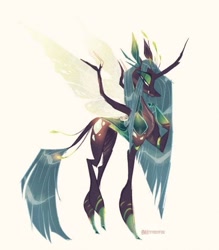 Size: 561x640 | Tagged: safe, artist:heyyasfox, imported from twibooru, queen chrysalis, changedling, changeling, image, looking at you, membranous wings, needs more jpeg, shiny mane, simple background, wings