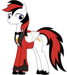 Size: 1259x1412 | Tagged: safe, artist:virgil pony, imported from derpibooru, oc, oc only, oc:flash, pegasus, pony, derpibooru community collaboration, 2022 community collab, blue eyes, bowtie, clothes, folded wings, full body, male, medallion, pegasus oc, red and black mane, simple background, smiling, solo, stallion, standing, suit, tail, transparent background, two toned mane, two toned tail, unshorn fetlocks, wings
