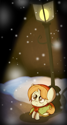 Size: 583x1080 | Tagged: safe, artist:cookieboy011, imported from derpibooru, the little match filly, pony, unicorn, big ears, female, filly, snow, snowfall, solo, streetlight