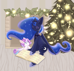 Size: 2500x2400 | Tagged: safe, artist:paintinca, imported from derpibooru, princess flurry heart, princess luna, alicorn, pony, auntie luna, book, christmas, christmas tree, cute, duo, ethereal mane, eyes closed, female, filly, fireplace, high res, holiday, hoof shoes, mare, reading, sitting, starry mane, starry tail, tail, tree
