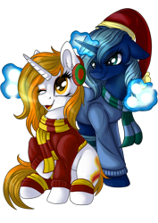 Size: 2894x4093 | Tagged: safe, artist:julunis14, imported from derpibooru, oc, oc only, oc:aurora shinespark, oc:novus flux, pony, unicorn, derpibooru community collaboration, 2022 community collab, clothes, cute, earmuffs, ears back, evil grin, eyeshadow, freckles, grin, hat, leg warmers, magic, magic aura, makeup, no source available, one eye closed, scarf, simple background, smiling, sneak attack, snow, snowball, sweater, this will not end well, transparent background, wink