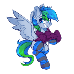 Size: 1280x1280 | Tagged: safe, artist:star-theft, imported from derpibooru, oc, oc only, pegasus, pony, clothes, commission, hoodie, male, simple background, smiling, socks, solo, spread wings, stallion, stockings, striped socks, thigh highs, transparent background, wings