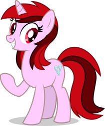 Size: 1721x2051 | Tagged: safe, artist:thatusualguy06, derpibooru exclusive, imported from derpibooru, oc, oc only, oc:double red, pony, unicorn, derpibooru community collaboration, 2022 community collab, female, looking at you, mare, raised hoof, recolor, simple background, smiling, solo, transparent background, vector