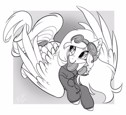 Size: 4096x3742 | Tagged: safe, artist:opalacorn, imported from derpibooru, oc, oc only, pegasus, pony, clothes, commission, female, goggles, grayscale, headphones, hoodie, mare, monochrome, smiling, solo, spread wings, wings