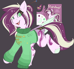 Size: 3774x3520 | Tagged: safe, artist:beardie, imported from derpibooru, oc, oc only, oc:stardust trails, pegasus, clothes, ear fluff, female, green eyes, hair accessory, happy, high res, hooves, leg fluff, mare, pegasus oc, poster, smiling, striped mane, sweater, text, unshorn fetlocks