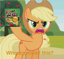 Size: 598x556 | Tagged: safe, artist:gbillustrations, edit, edited screencap, editor:thegamerpainter, imported from derpibooru, screencap, applejack, earth pony, pony, too many pinkie pies, 1000 hours in ms paint, angry, apple, apple jacks, apple tree, asking, caption, cereal, food, hoof hold, image macro, namesake, open mouth, parody, pun, solo, text, text edit, tree, uvula, visual pun