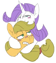 Size: 1015x1135 | Tagged: safe, artist:baigak, imported from derpibooru, applejack, rarity, earth pony, pony, unicorn, blushing, female, hatless, hooves on cheeks, hug, lesbian, lidded eyes, looking at each other, looking at someone, mare, missing accessory, rarijack, shipping, simple background, smiling, white background