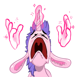 Size: 369x363 | Tagged: safe, artist:xbi, imported from derpibooru, oc, oc only, oc:lapush buns, unicorn, bunny ears, bunnycorn, bwah, chin up, disappointed, dramatic, hand, magic, magic hands, open mouth, sad, simple background, solo, sticker, transparent background